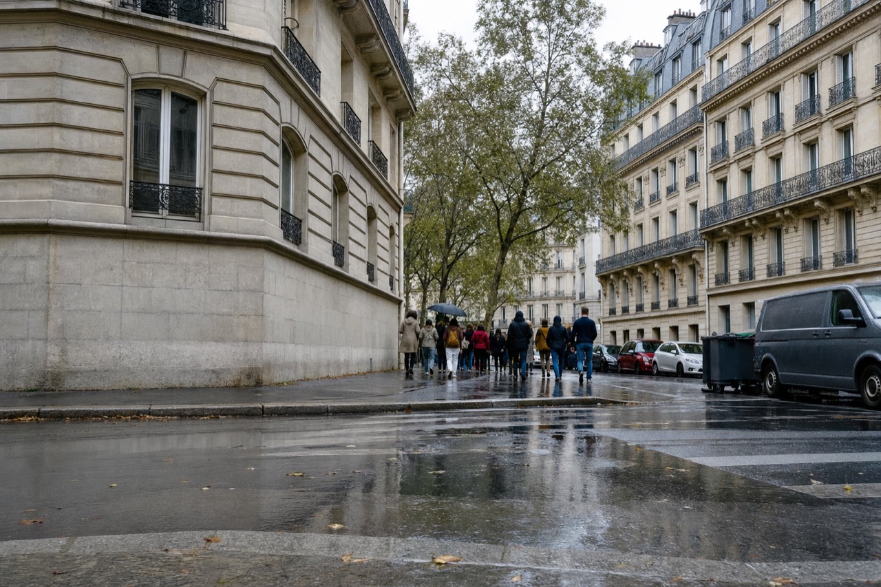 A group of pedestrians follows a guide with an umbrella along a wet Haussmann street corner lined with limestone buildings and parked cars.