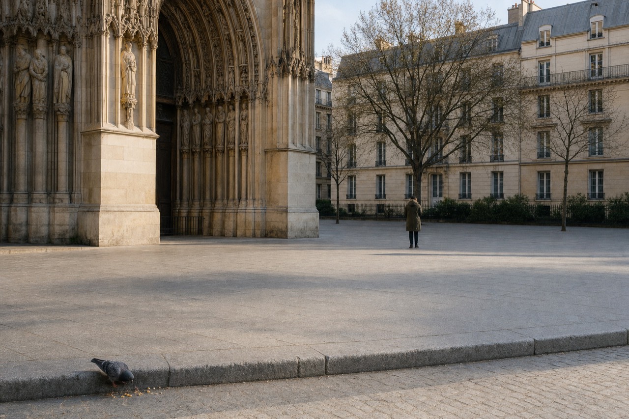 Notre-Dame portal carvings border a quiet stone parvis with a pigeon by the kerb and one distant visitor near Paris apartment facades.