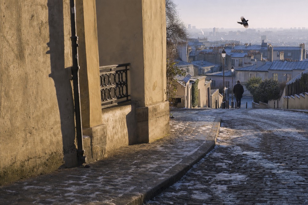 Calle empedrada de París con escarcha, paredes crema y techos de zinc grises, con un transeúnte lejano y un pájaro bajo la luz invernal.