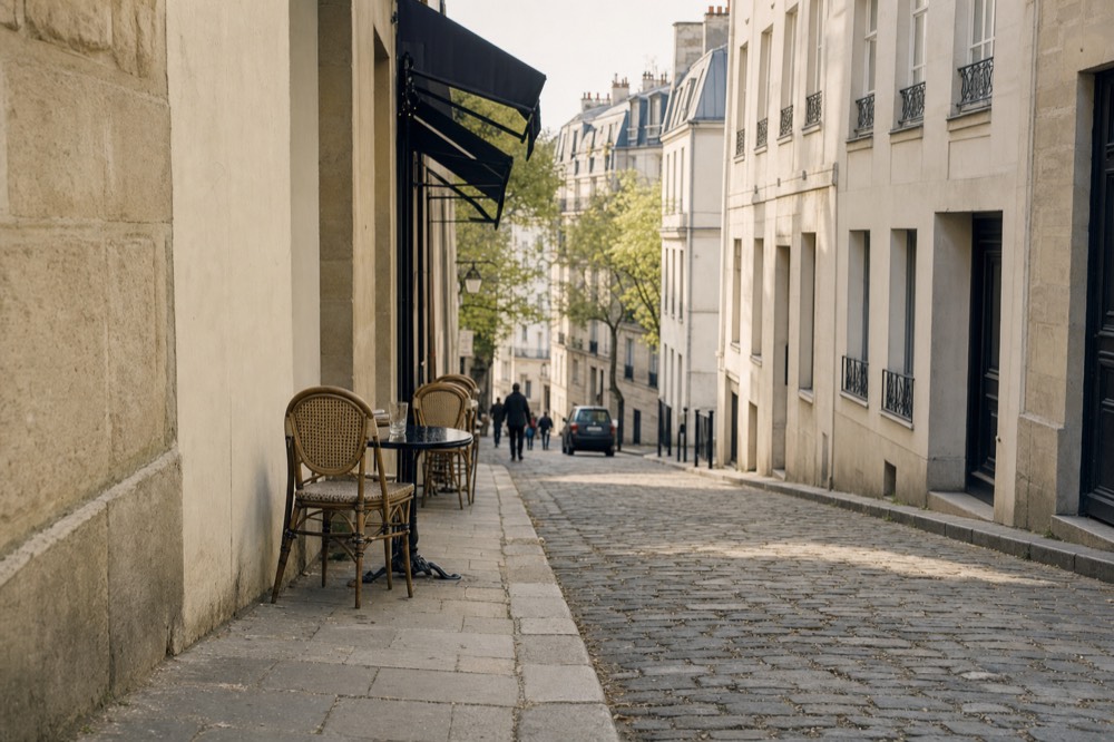 Una calle empedrada de París desciende en pendiente junto a edificios de piedra clara, sillas de ratán de café, una mesa pequeña, peatones a lo lejos y un coche.