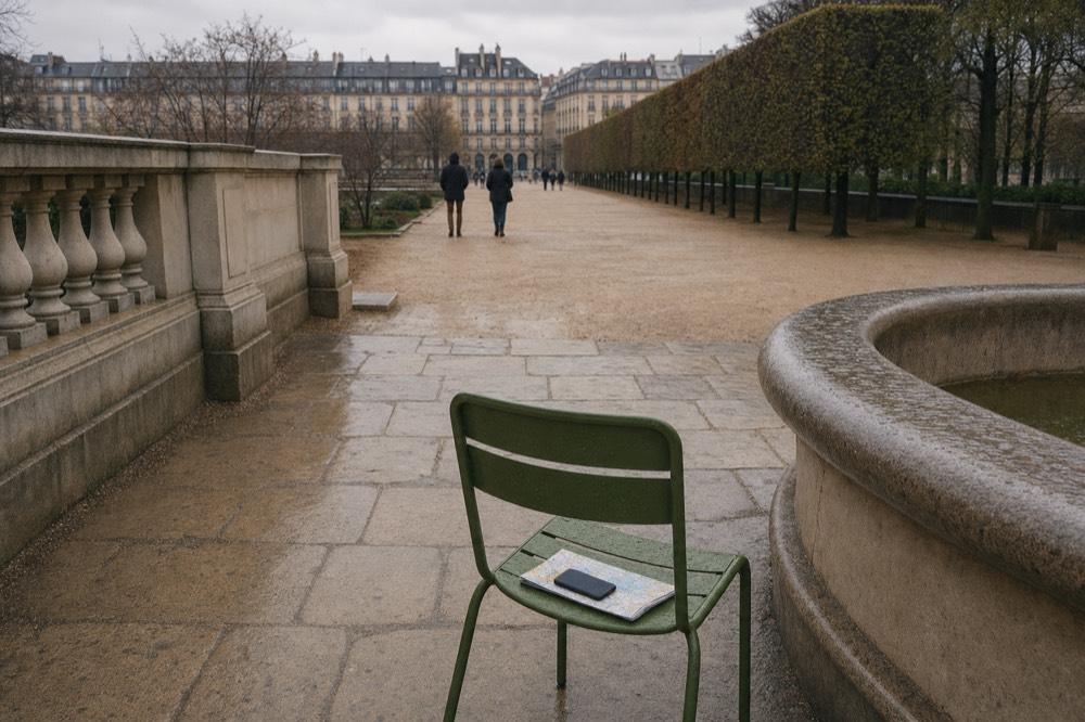 A phone and folded map rest on a green metal chair beside a wet stone basin in a Paris garden with distant walkers.
