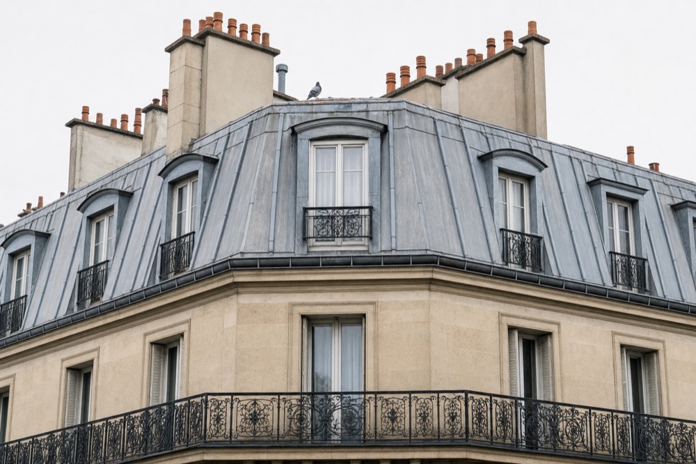 Grey zinc mansard roof with chimney stacks, wrought-iron balconies, cream stone facade, and a pigeon on the ridge under a pale sky.