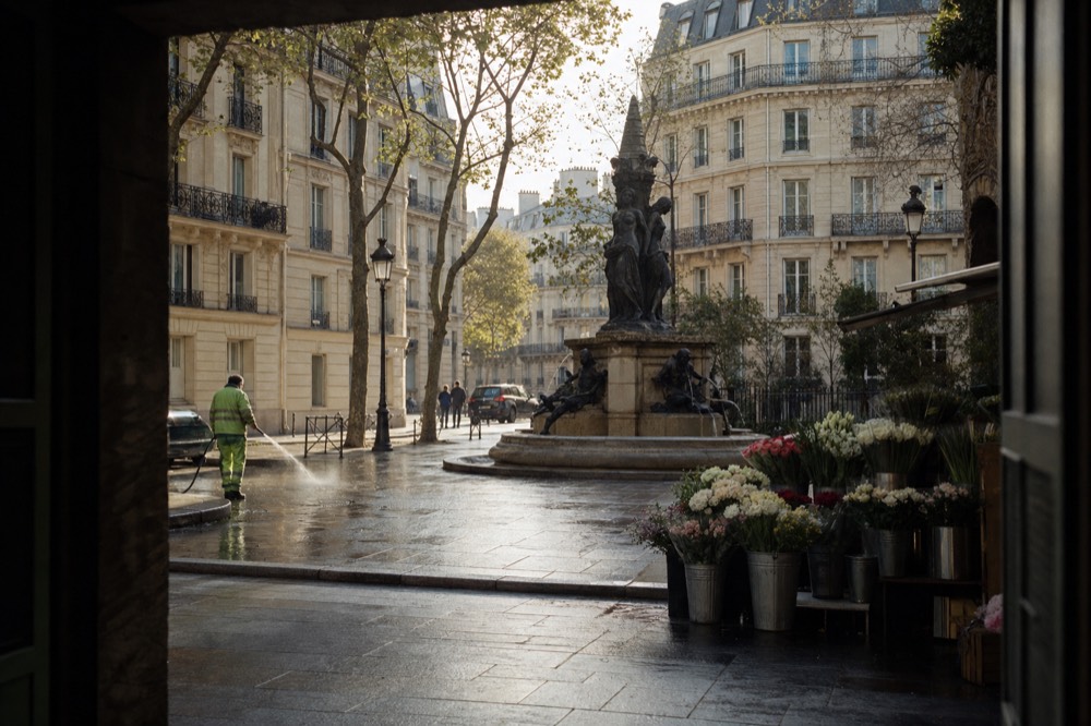 Flower buckets stand beside a stone fountain on a damp Paris street as a worker hoses the curb in morning light.