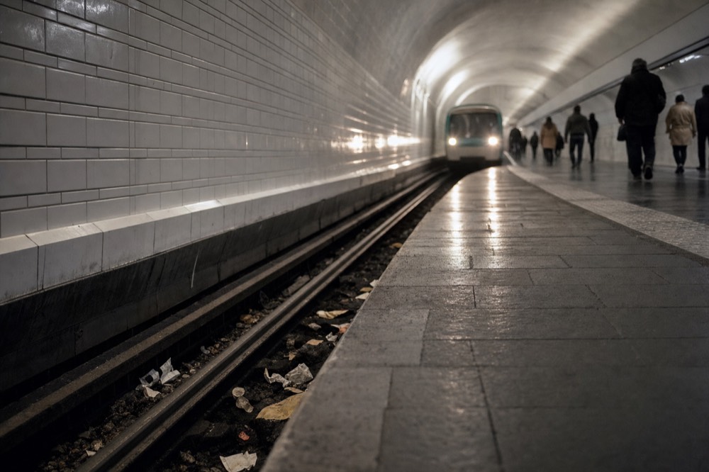 A tiled underground metro platform with a train arriving, distant passengers, rails, and paper scraps near the track.