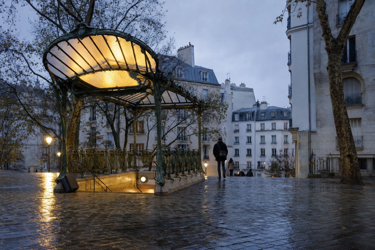 Rainy Paris metro entrance with a glowing green canopy, wet cobbles, a suitcase, trees and distant people near pale apartment buildings.