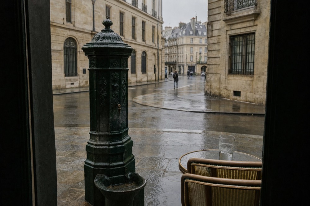 Una fuente de hierro fundido de color verde oscuro se alza en una esquina de acera parisina mojada, junto a sillas de café y una copa bajo fachadas de piedra caliza.