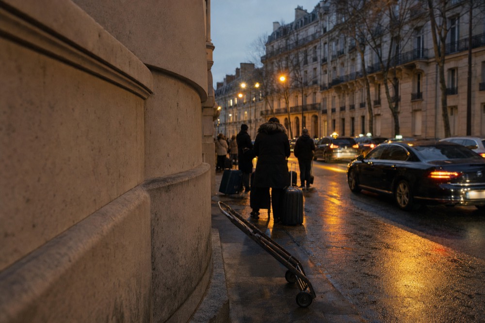 Wet Paris pavement at dusk with idling cars, pedestrians with luggage, and pale stone Haussmann facades under streetlights.