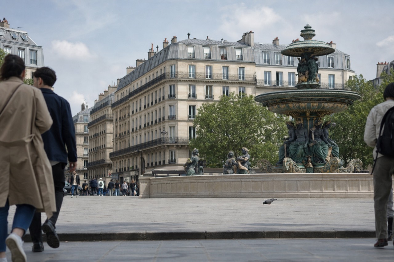 Pedestrians walk across a Paris square with a large ornate fountain, Haussmann buildings, trees and a pigeon.