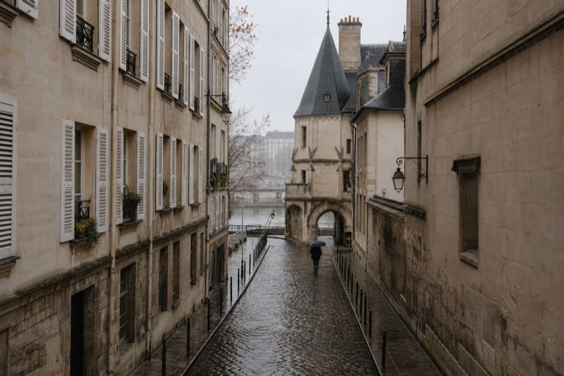 Un callejón empedrado y estrecho de casas altas de piedra caliza con contraventanas en el corazón antiguo de París, en una tarde de noviembre con llovizna, cerrado al fondo por una torreta de pizarra puntiaguda.