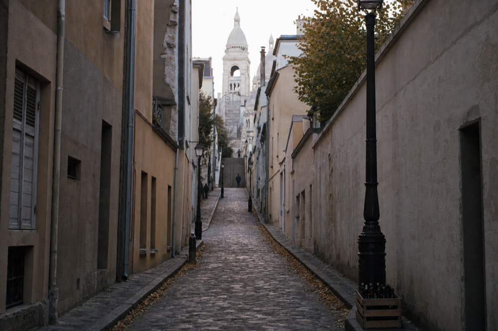 A steep cobbled Montmartre lane leads uphill between ochre walls toward the white dome of Sacre-Coeur.