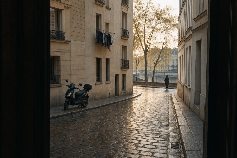 Wet cobbled Paris street framed by a dark doorway, with limestone buildings, laundry, a parked scooter, trees and the Seine beyond.