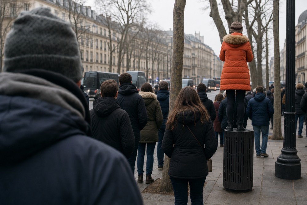 Crowd waits along a Paris avenue with bare plane trees and Haussmann buildings, while a woman in an orange coat stands on a litter bin.