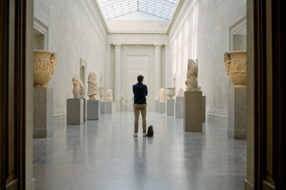 A lone visitor stands in a skylit sculpture gallery with marble figures on pedestals and polished stone floors.