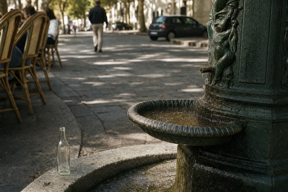 Green Wallace drinking fountain with water in its basin on a wet Paris pavement beside cafe chairs and a glass bottle.