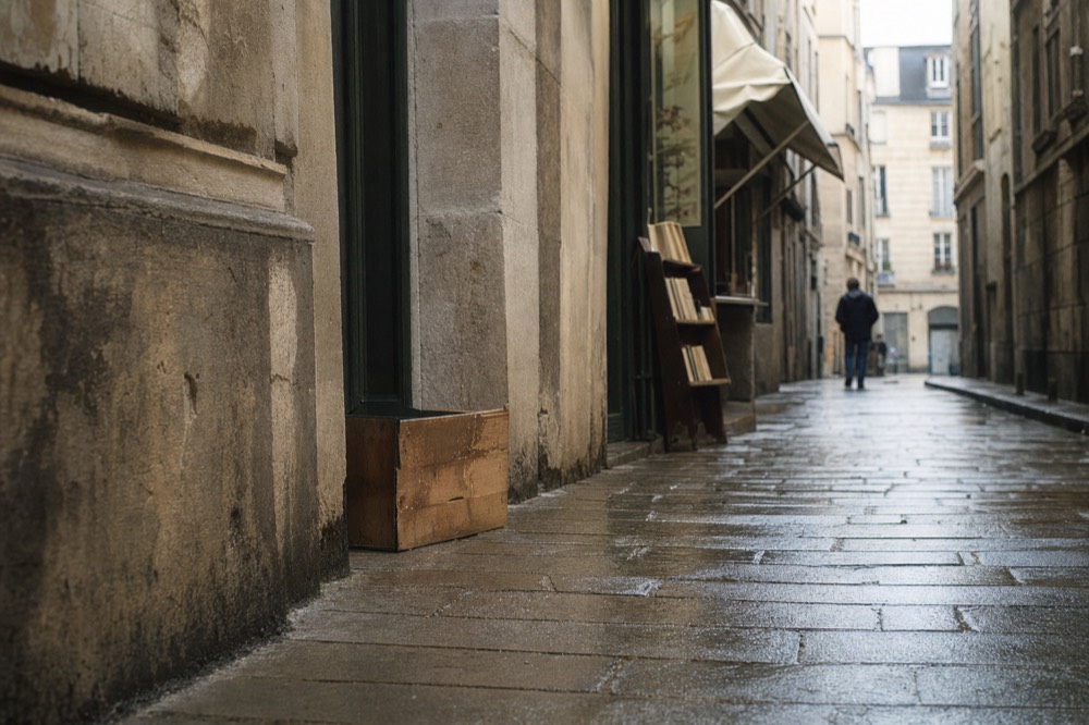 Callejuela parisina mojada con fachadas de piedra, escaparates cerrados, estanterías de libros y un peatón lejano bajo la llovizna.