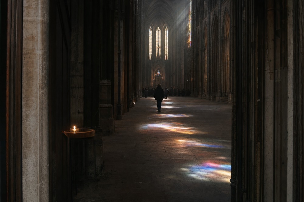 Pasillo gótico oscuro de una iglesia con columnas de piedra, luz de vitrales en el suelo, una vela y visitantes a lo lejos.