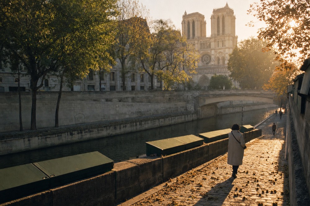 Notre-Dame se alza tras el Sena mientras los paseantes pasan junto a las cajas verdes de la orilla en un muelle empedrado bajo la luz cálida de la tarde.