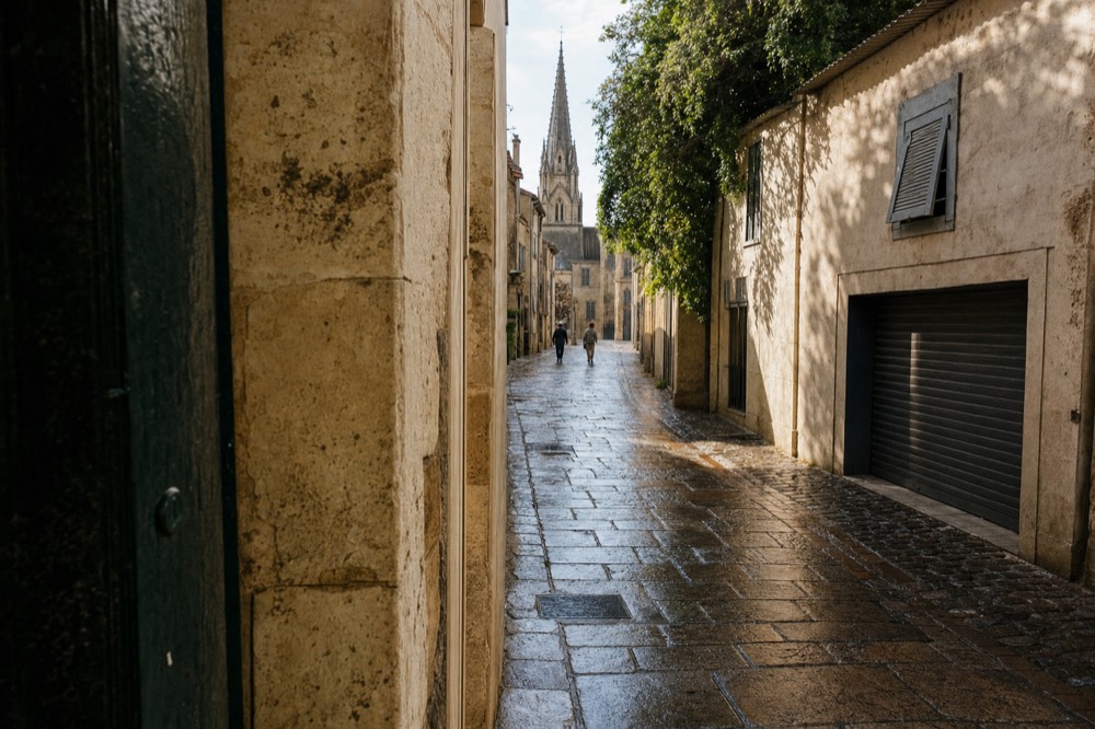 Una estrecha calle de piedra caliza mojada lleva junto a fachadas con persianas cerradas hacia el chapitel de una iglesia lejana, con dos peatones alejándose.