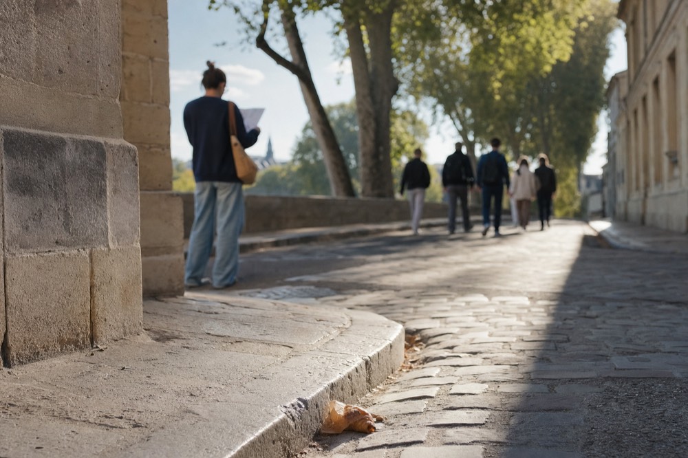 Una persona lee un mapa de papel junto a un chaflán de piedra caliza mientras varios caminantes pasan por un callejón empedrado de París bajo plátanos de sombra.