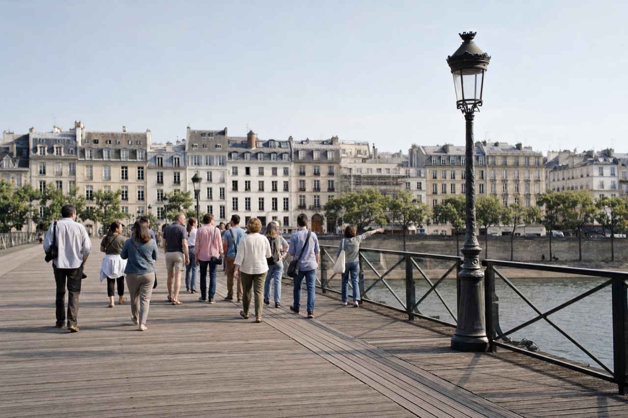 Participantes en un free tour cruzan un puente peatonal sobre el Sena en una mañana clara de junio, con las fachadas de piedra caliza y los tejados de zinc de París al fondo.